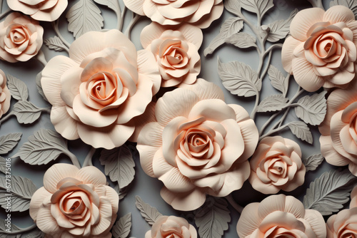 Closeup of a beautiful 3D ivory pink paper origami rose flowers and leaves background. Nature beauty concept
