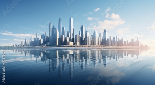 Skyscrapers of a smart city, futuristic financial district, graphic perspective of buildings and reflections on water - Architectural blue background for corporate and business brochure template