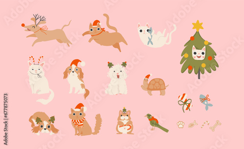 Merry Christmas elements set with holiday pets. Cozy holiday domestic cat, dog, hamster, parrot, turtle. Hand drawn cartoon style illustration. Cute and funny animals, vector sticker collection
