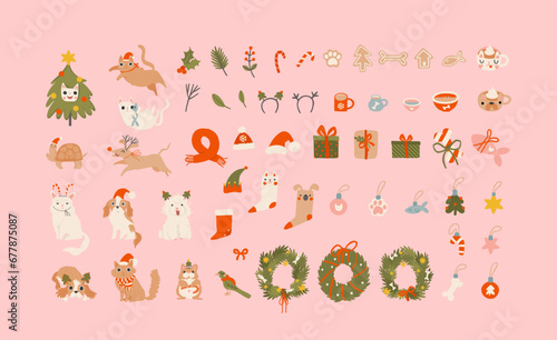 Merry Christmas elements set with holiday pets. Cozy holiday domestic cat, dog, hamster, parrot, turtle. Hand drawn cartoon style illustration. Cute and funny animals, vector sticker collection