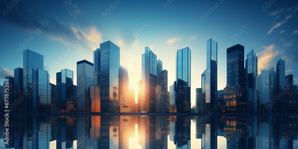 Fototapeta premium Skyscrapers of a smart city at sunset, futuristic financial district, graphic perspective of buildings and reflections - Architectural blue background for corporate and business brochure template