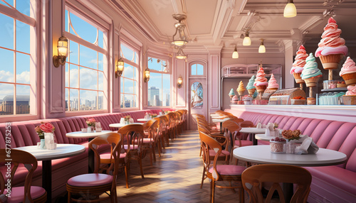 Modern dining room with elegant wood furniture and illuminated chandelier generated by AI