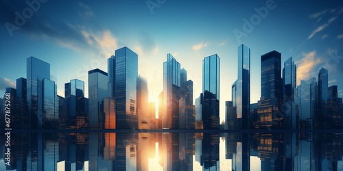 Skyscrapers of a smart city at sunset, futuristic financial district, graphic perspective of buildings and reflections - Architectural blue background for corporate and business brochure template