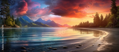 As the sun sets behind the majestic mountains the sky turns a beautiful shade of blue and clouds scatter across the sunset lit landscape casting a mesmerizing reflection on the calm waters 