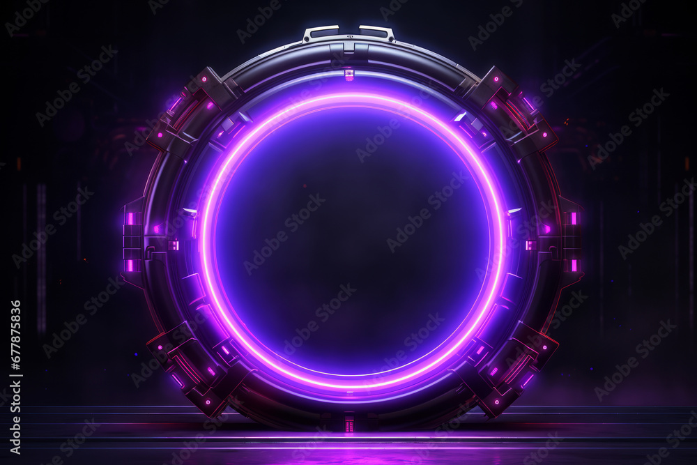 Neon glowing purple door portal with mechanical details on dark background. Futuristic time travel concept