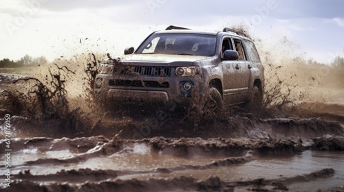 An off-road vehicle emerging from a muddy pit poses a hazard as mud and water spray in off-road racing