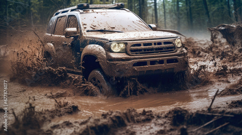 As an off-road vehicle emerges from a muddy hole, it creates a hazard with mud and water splashing in the context of off-road racing