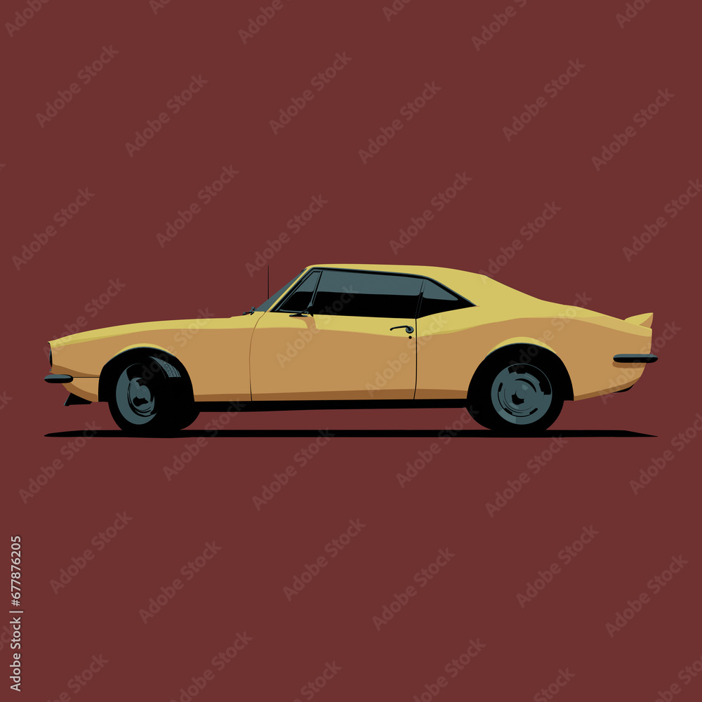 Illustration side view of Classic American Yellow Muscle Car Cartoon 