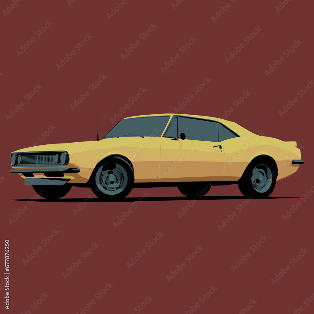 Illustration side view of Classic American Yellow Muscle Car Cartoon