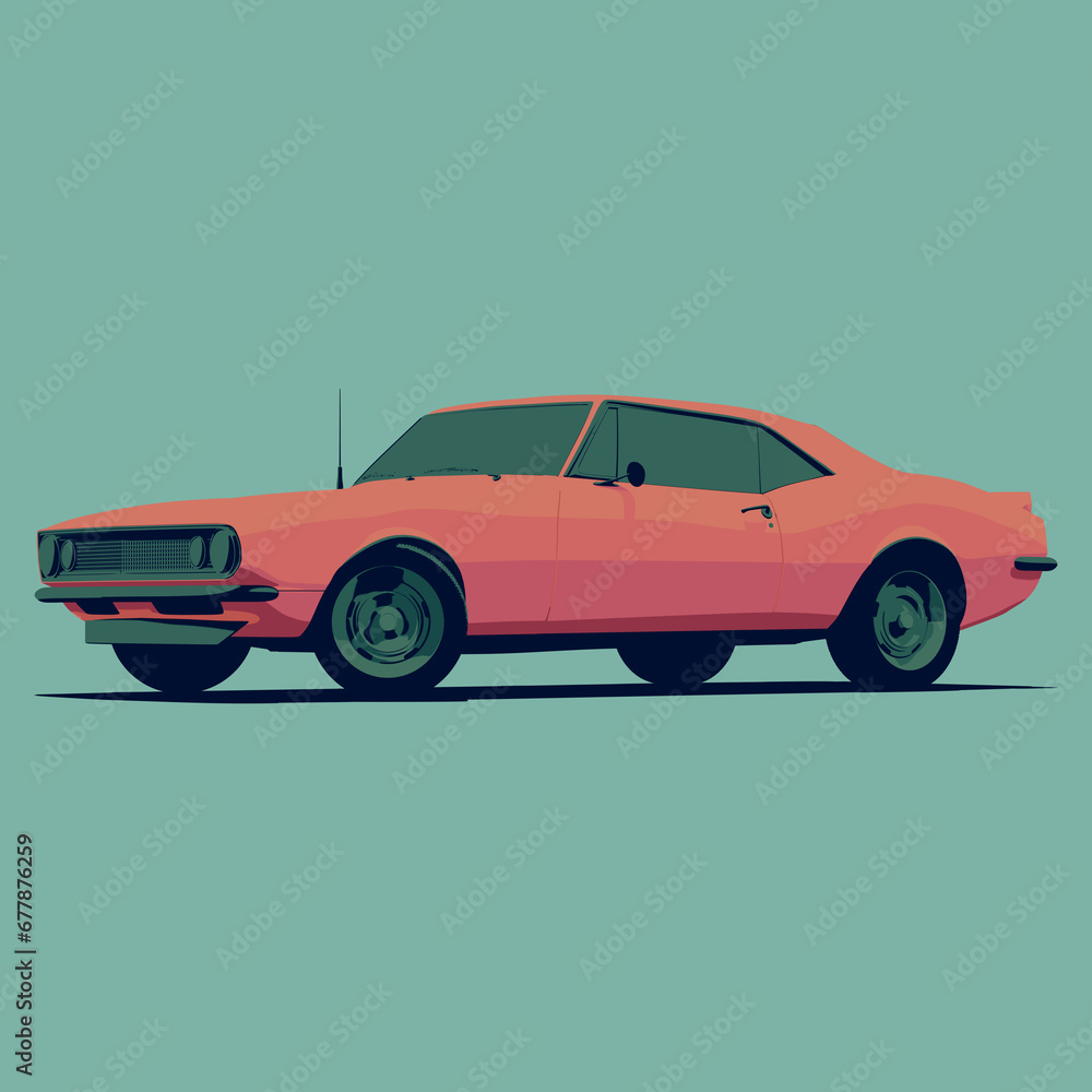 Illustration side view of Classic American Red Muscle Car Cartoon