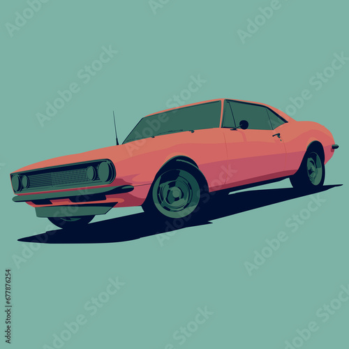 Illustration side view of Classic American Red Muscle Car Cartoon © A.Shevchenko