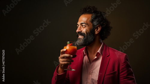 Handsome bearded Indian man in a red jacket with a glass of tomato juice on a dark background, ia generative