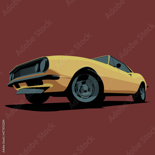 Illustration front view of Classic American Yellow Muscle Car Cartoon