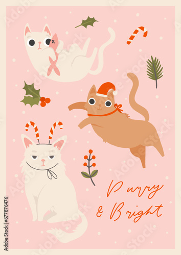 Cute cartoon cats and Christmas decorations, Santa hat, jolly, candy, gifts, garlands. Festive vector illustration - cat on winter holidays in flat cartoon style. Purry and bright, Meowy Christmas