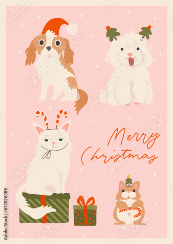 Cute funny Christmas card with holiday domestic animals and accessories. Cozy holiday cat, dog, hamster pets, hand drawn cartoon style illustration. Merry Christmas lettering, vertical, a4 vector card