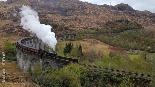 The Jacobite train on the Glenfinnan Viaduct, also known as the Harry Potter bridge.