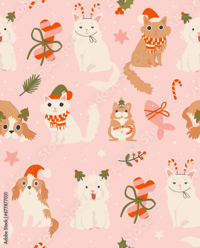 Christmas seamless pattern with holiday pets. Cozy holiday domestic cat, dog, hamster. Cute funny hand drawn cartoon style background. Merry Christmas vector wrapping paper design