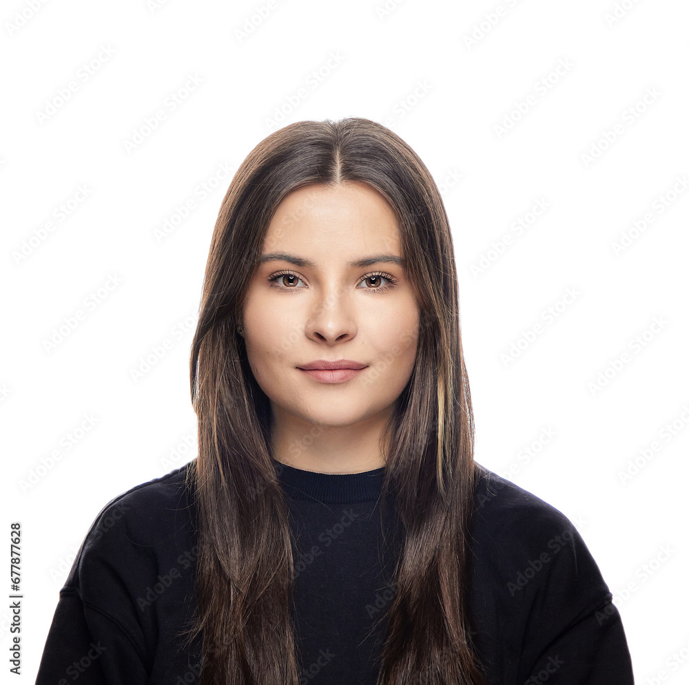 close-up headshot portrait of a brunette girl, on a white background isolate. close-up headshot portrait of a brunette girl, on a white background isolate.