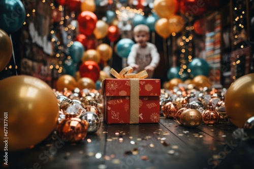 Joyful Baby Surrounded by Festive Decorations and Gifts Generative AI © Johnathan
