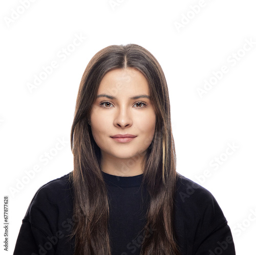 close-up headshot portrait of a brunette girl, on a white background isolate.