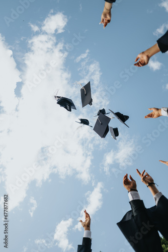 Group of happy graduates in caps and gowns celebrating their achievements in a park. Friends in university uniforms, throwing caps in the air, creating beautiful memories of successful teamwork.