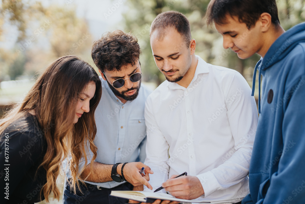 Fototapeta premium University students studying together outdoors, discussing topics, learning, and preparing for exams in a sunny park. Teamwork and sharing knowledge ensure success.