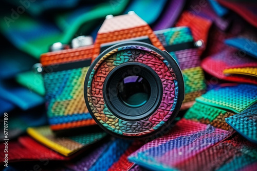 Colorful abstract background with a camera. An eye for beauty and art. Vibrant colors, concept photography and creativity.