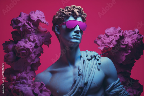 Antique statue of David with sunglasses, vaporwave style and neon lighting.