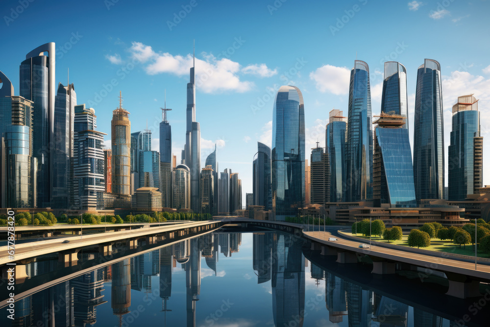 Obraz premium A panoramic view of a modern city skyline with skyscrapers and well-lit streets, signifying the Concept of urban development and infrastructure. Generative Ai.