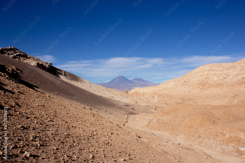 Wide shot of the Licancabur Volcano in Bolivia. Shot from San Pedro de Atacama Desert.