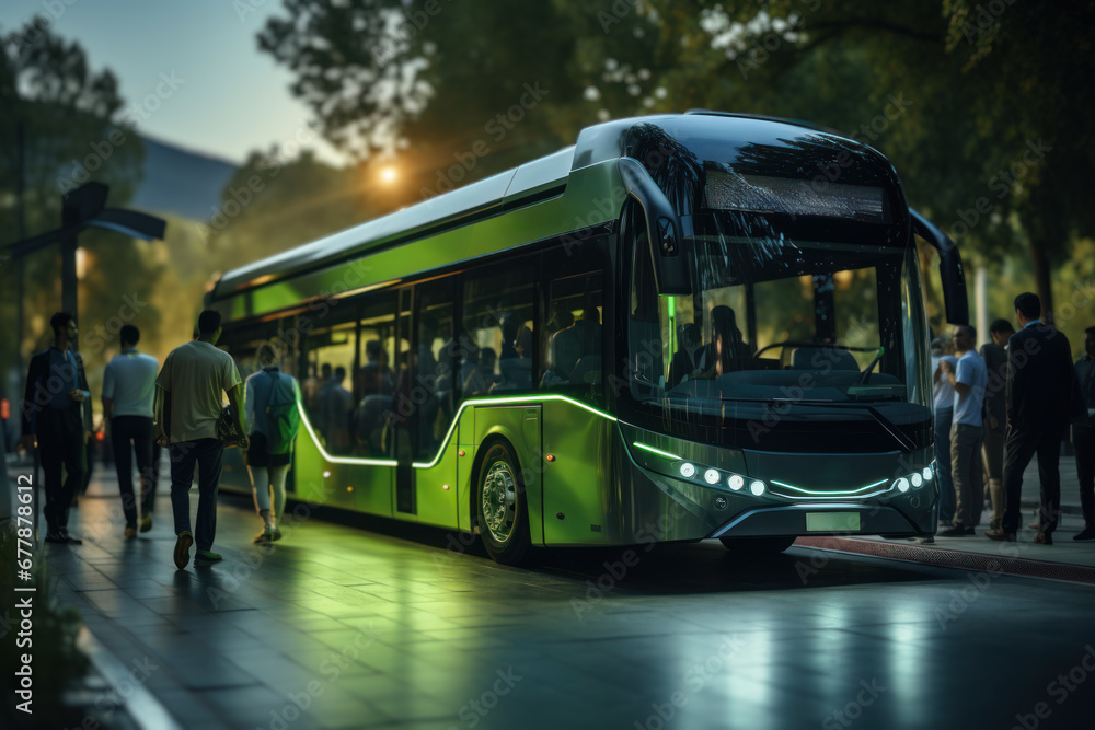 A group of passengers boarding a modern, low-emission city bus, representing the Concept of eco-friendly public transportation. Generative Ai.