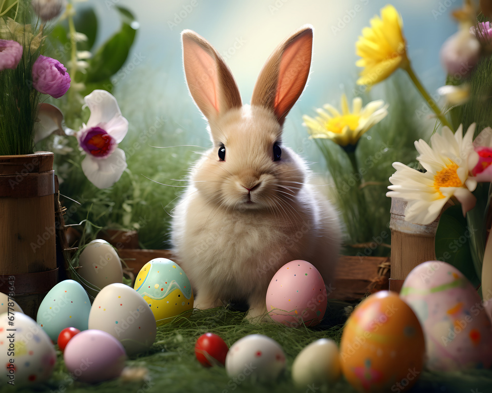 A cute little Easter bunny surrounded by fresh Spring flowers and colored Easter eggs. Creative decoration for Easter holidays. A cute little Easter bunny surrounded by fresh Spring flowers and colored Easter eggs. Creative decoration for Easter holidays.