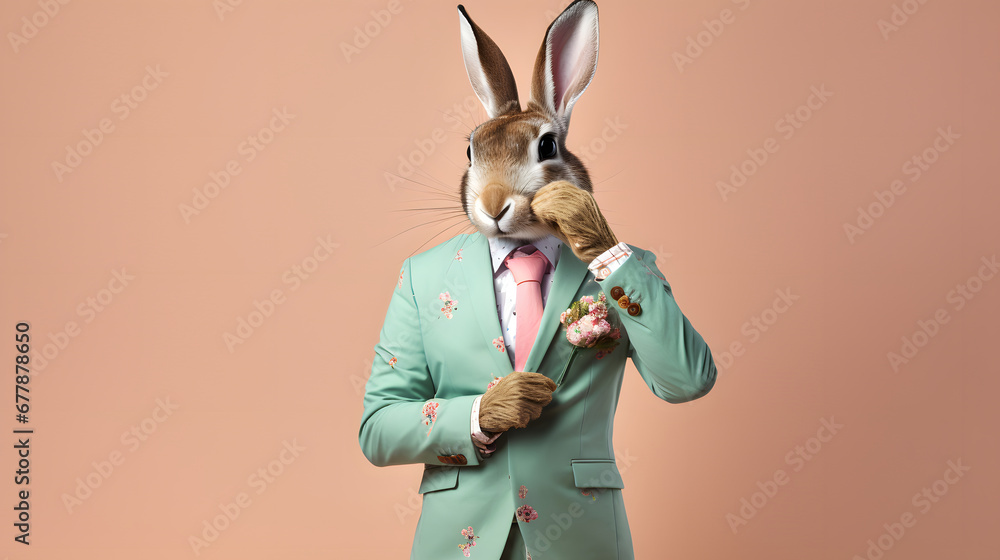 Unrealistic, creative, minimal portrait of a wild animal dressed up as a man in elegant clothes. A rabbit standing on two legs in business modern suit.  Easter card.