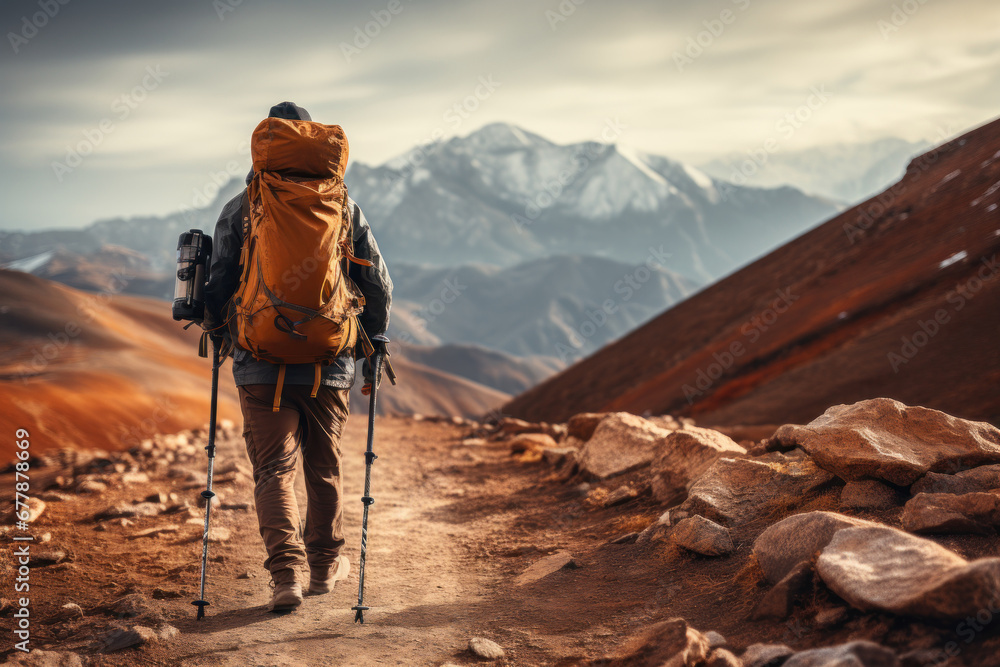 A hiker carrying a backpack and trekking poles on a mountain trail, representing the Concept of outdoor adventure and trekking. Generative Ai.