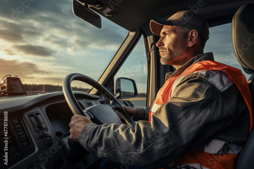 A long-haul truck driver behind the wheel of a semi-truck on an open highway, signifying the Concept of goods transport logistics. Generative Ai. photo