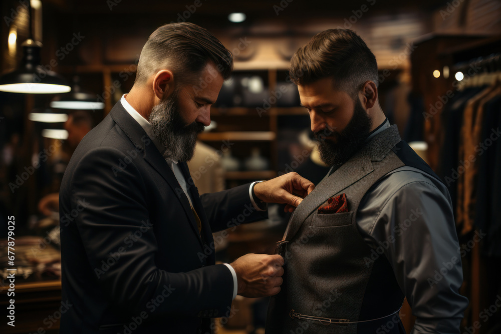 A tailor expertly measuring and fitting a customer for a custom-made suit, portraying the Concept of bespoke and artisanal trade. Generative Ai.