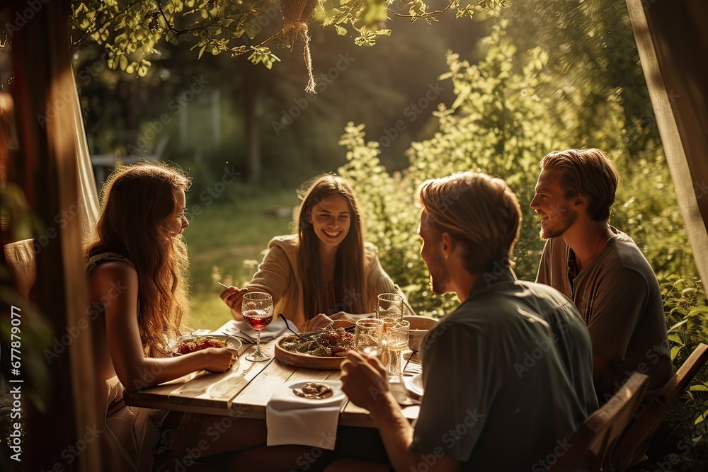 group of happy friends on a garden terrace at a wooden table eating and talking, social concept