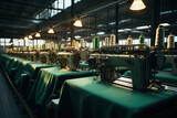 A bustling textile factory with rows of sewing machines, representing the Concept of textile manufacturing and the fashion industry. Generative Ai.