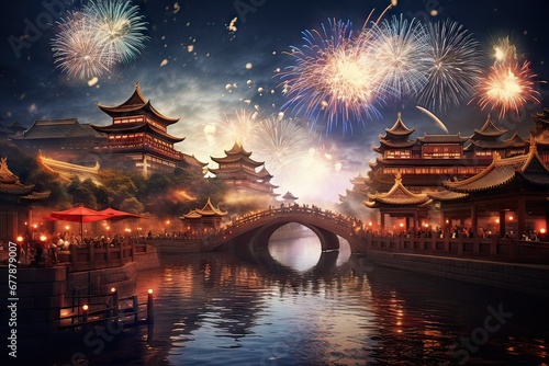 temples and typical chinese architecture with fireworks in the sky on new year's eve