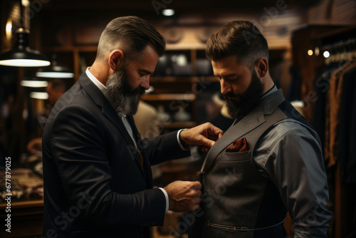 A tailor expertly measuring and fitting a customer for a custom-made suit, portraying the Concept of bespoke and artisanal trade. Generative Ai.