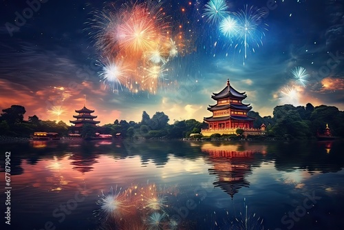 lakeside temples and typical chinese architecture with fireworks in the sky on new year's eve