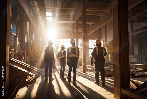 group of workers building a house with wooden parts in the sunrise, construction concept