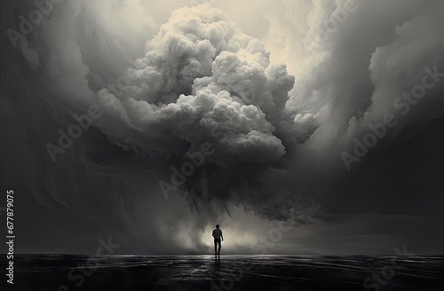 concept of depression and anxiety, a person under a cloud under the rain with grey and black colors