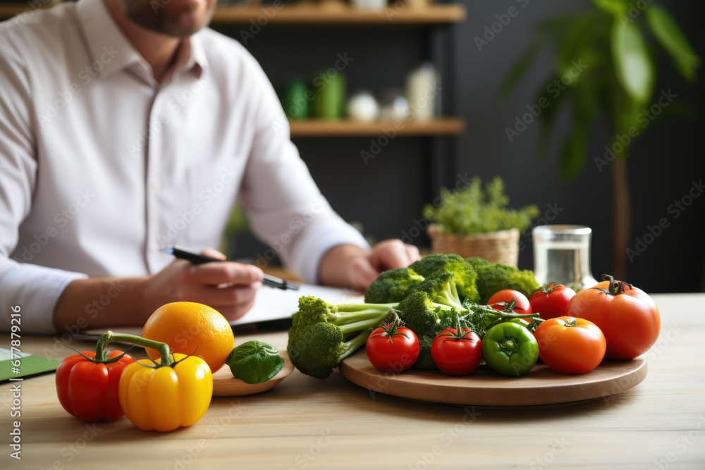 A dietitian offering nutritional guidance to a client. Concept of personalized nutrition consultation. Generative Ai. A dietitian offering nutritional guidance to a client. Concept of personalized nutrition consultation. Generative Ai.