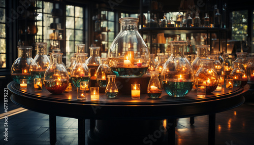 Luxury bar with elegant glassware, illuminated by candlelight and whiskey generated by AI