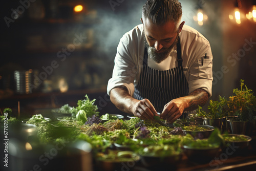 A chef in a restaurant kitchen, garnishing a dish with fresh herbs. Concept of culinary expertise and flavor. Generative Ai.