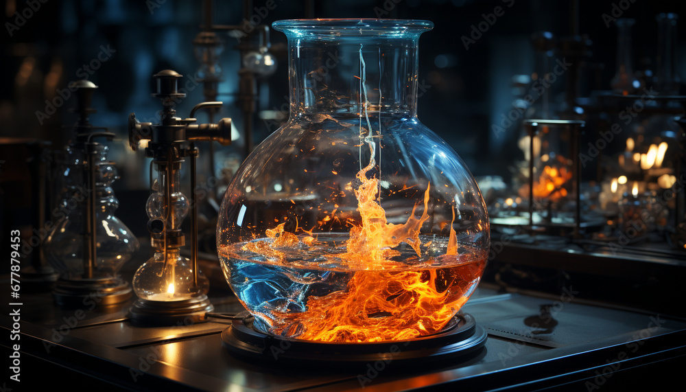 Glass bottle filled with blue liquid illuminated by a flame generated by AI Glass bottle filled with blue liquid illuminated by a flame generated by AI