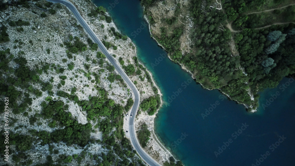 Aerial view of the little dam in San Domenico Lake in Abruzzo