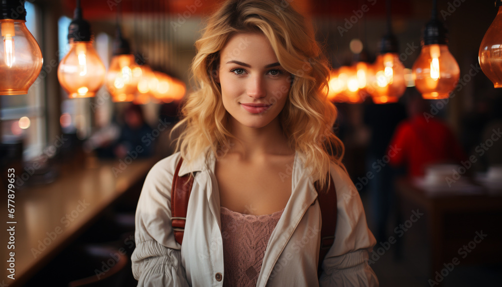 Young woman with blond hair smiling, looking at camera confidently generated by AI