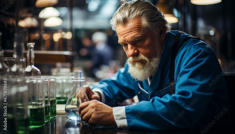 A mature scientist working indoors, holding a scientific experiment generated by AI A mature scientist working indoors, holding a scientific experiment generated by AI